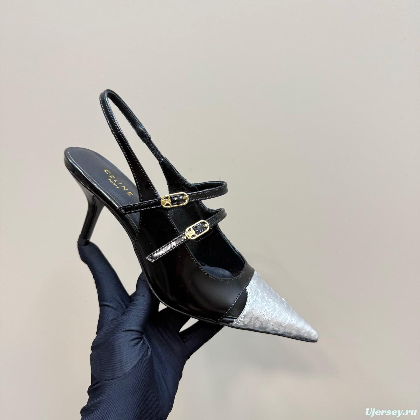 2025 Women Celine Black White Leather Pointed Toe Kitten Heel KFY00310