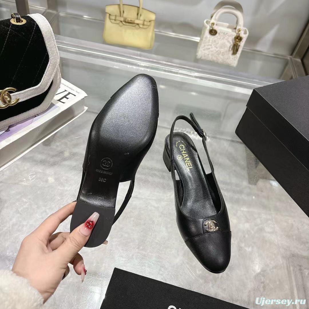 2025 Women Chanel Black Leather Slingback Pumps LY00300