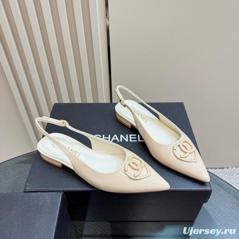 2025 Women Chanel Beige Patent Leather Slingback Heels KFY00290