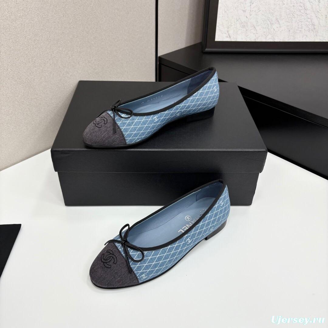 2025 Women Chanel Blue Black Fabric Leather Ballet Flats