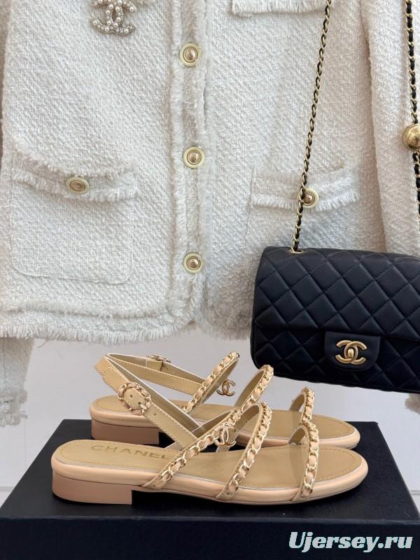 2025 Women Chanel Beige Leather Sandals KFY00270