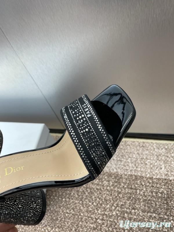2025 Women Dior Black Patent Leather Crystal High Heel Sandals KFY00320