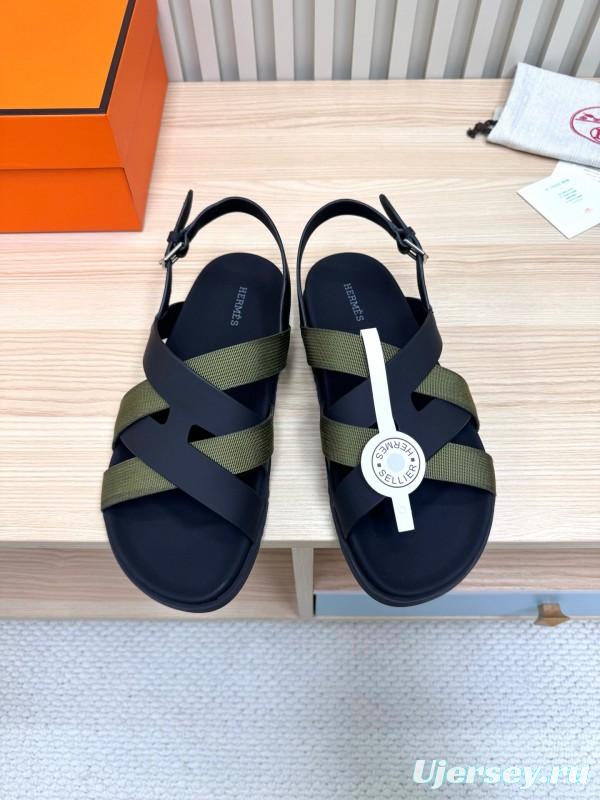 2025 Women Hermès Black Green Leather Nylon Sandals LY00270