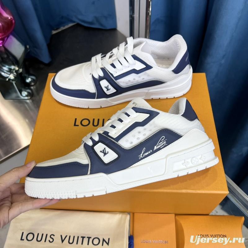 2025 Unisex Louis Vuitton White Navy Leather Sneakers