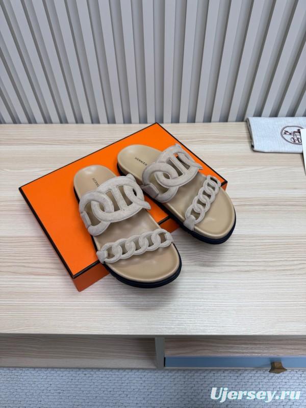 2025 Women Hermès Beige Suede Slippers