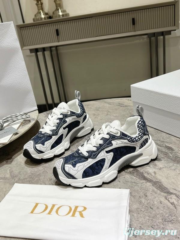 2025 Women Dior Navy White Mesh Leather Sneakers KFY00370