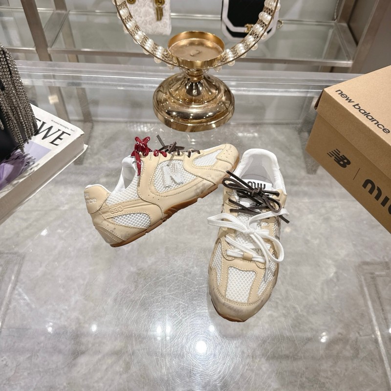 2025 Women New Balance Beige White Leather Mesh Sneakers