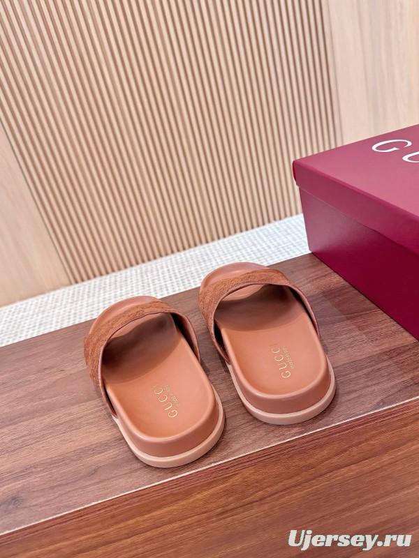 2025 Women Gucci Brown Suede Leather Slippers