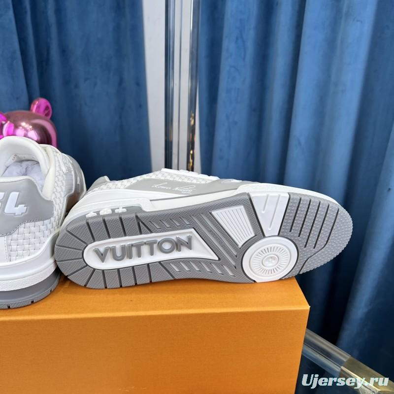 2025 Unisex Louis Vuitton White Grey Leather Fabric LV Trainer