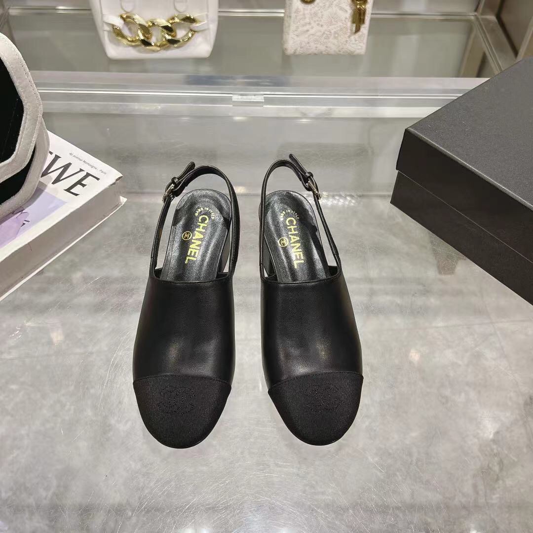 2025 Women Chanel Black Leather Slingback Heels LY00300
