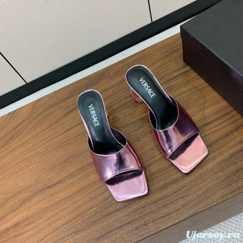 2025 Women VERSACE Pink Leather Slippers