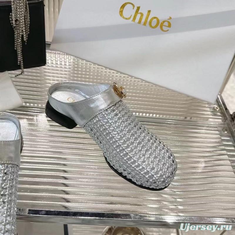 2025 Women Chloé Silver Leather Woven Slippers