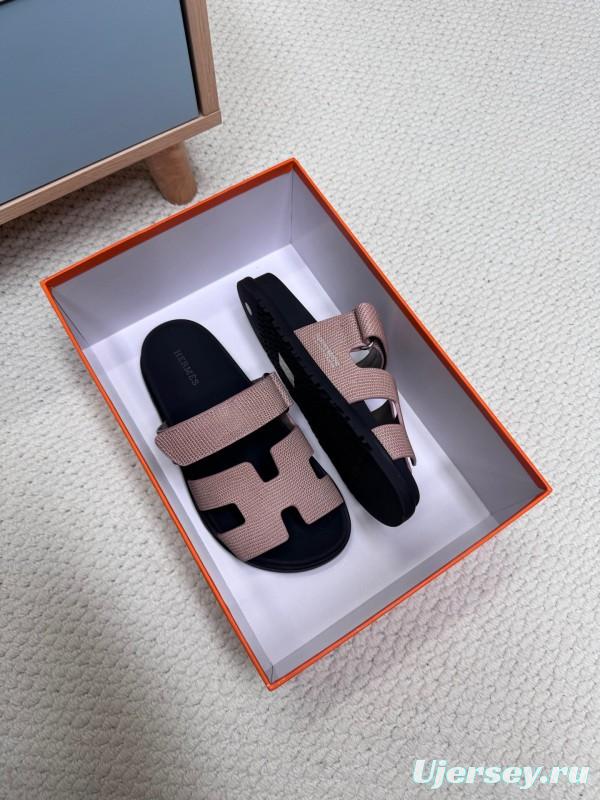2025 Women Hermès Beige Black Leather Slippers