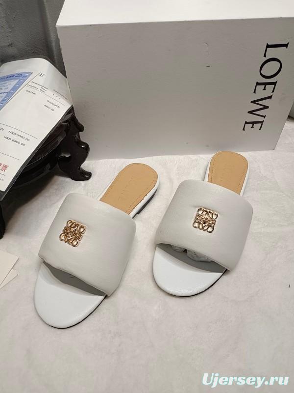 2025 Women Loewe White Leather Slippers LY00260