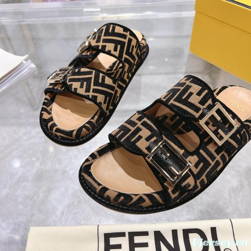2025 Fendi Black Beige Jacquard Fabric Leather Slippers
