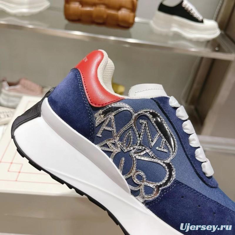 2024 Unisex Alexander McQueen Blue Red Leather Suede Mesh Sneakers MJ00370