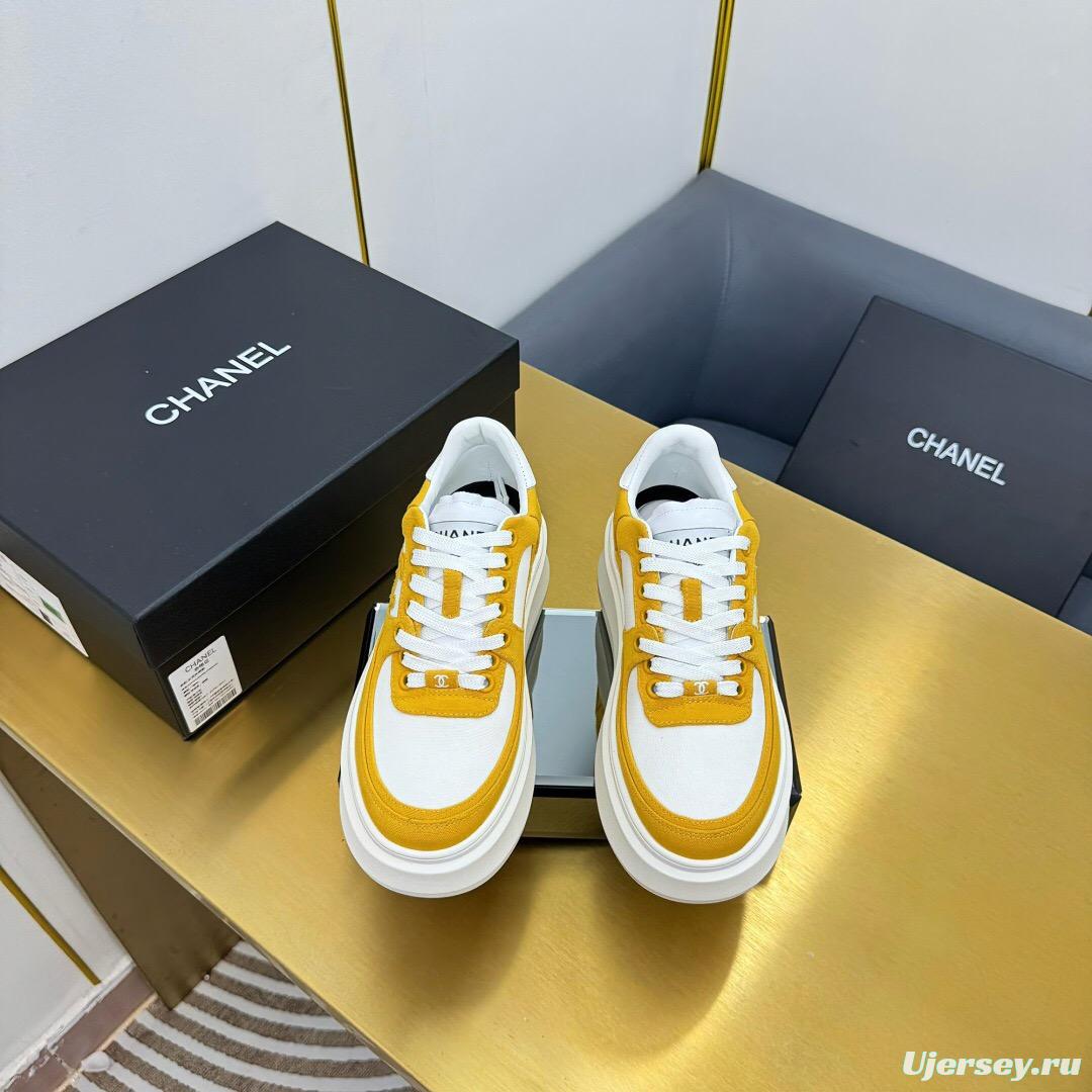 2025 Women Chanel Yellow White Canvas Leather Platform Sneakers