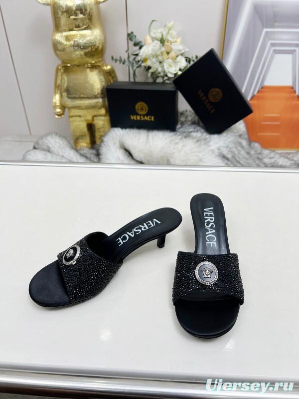 2025 Women VERSACE Black Silk Rhinestone Square Toe Sandals MJ00230