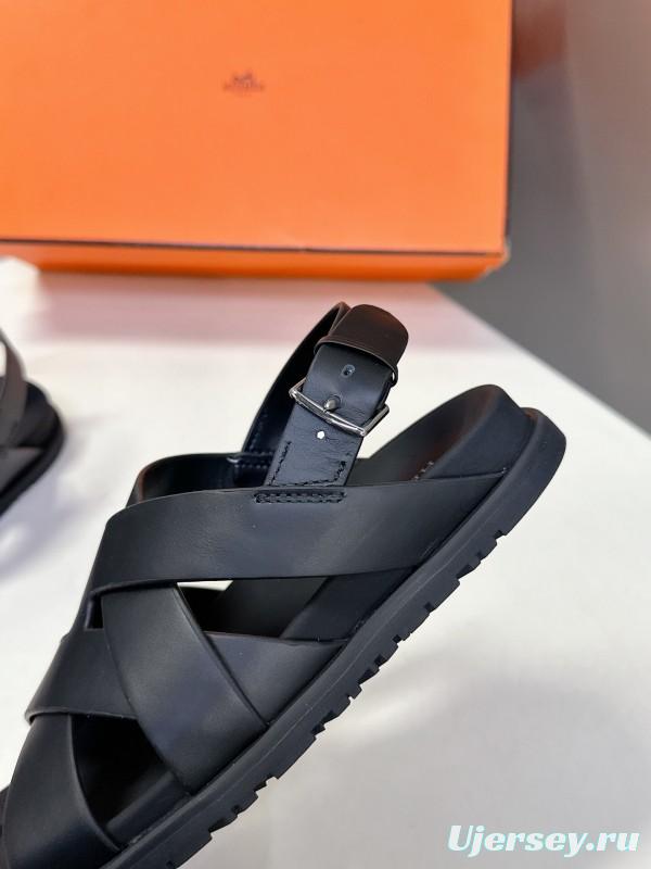 2025 Women Hermès Black Leather Sandals