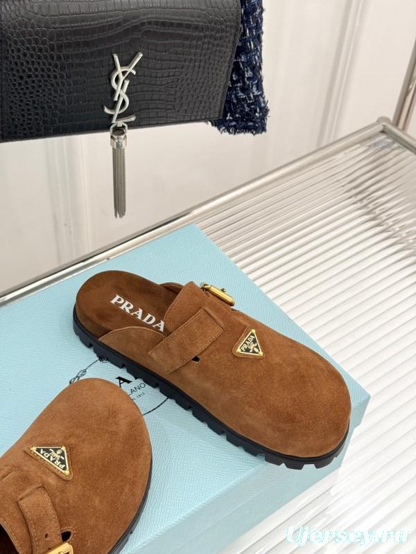 2025 Women Prada Brown Suede Slippers KFY00280