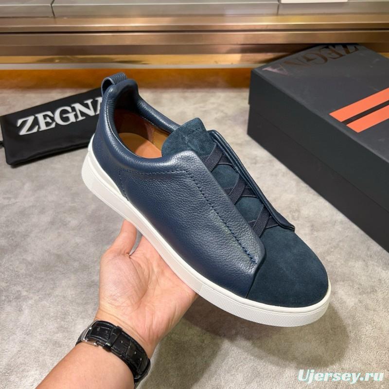2024 Men Ermenegildo Zegna Blue Leather Suede Sneakers