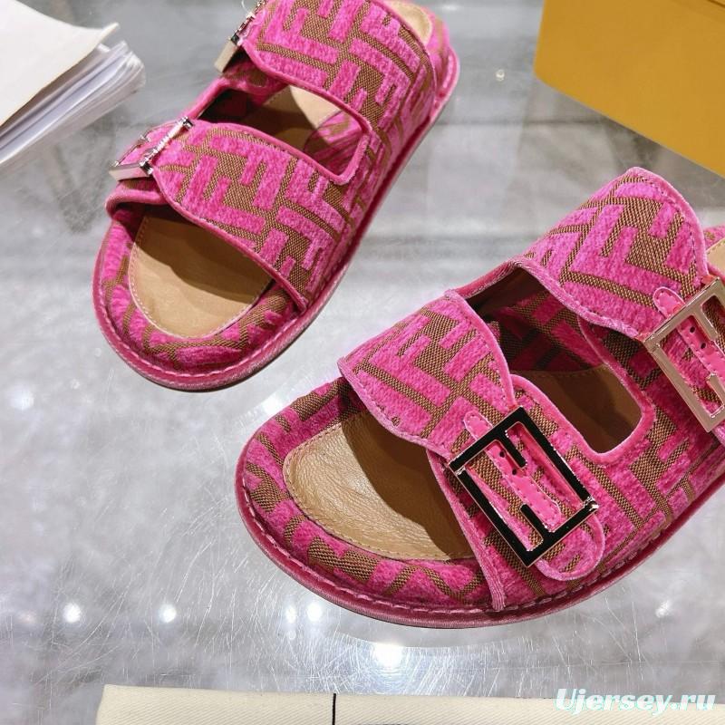 2025 Slippers Fendi Pink Jacquard Fabric Flat Buckle MJ00230