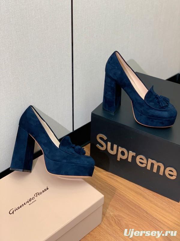 2025 Women Gianvito Rossi Navy Suede Platform Loafers KFY00330