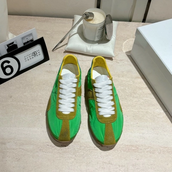 2025 Unisex Maison Margiela Green Yellow Leather Nylon Suede Sneakers Distressed