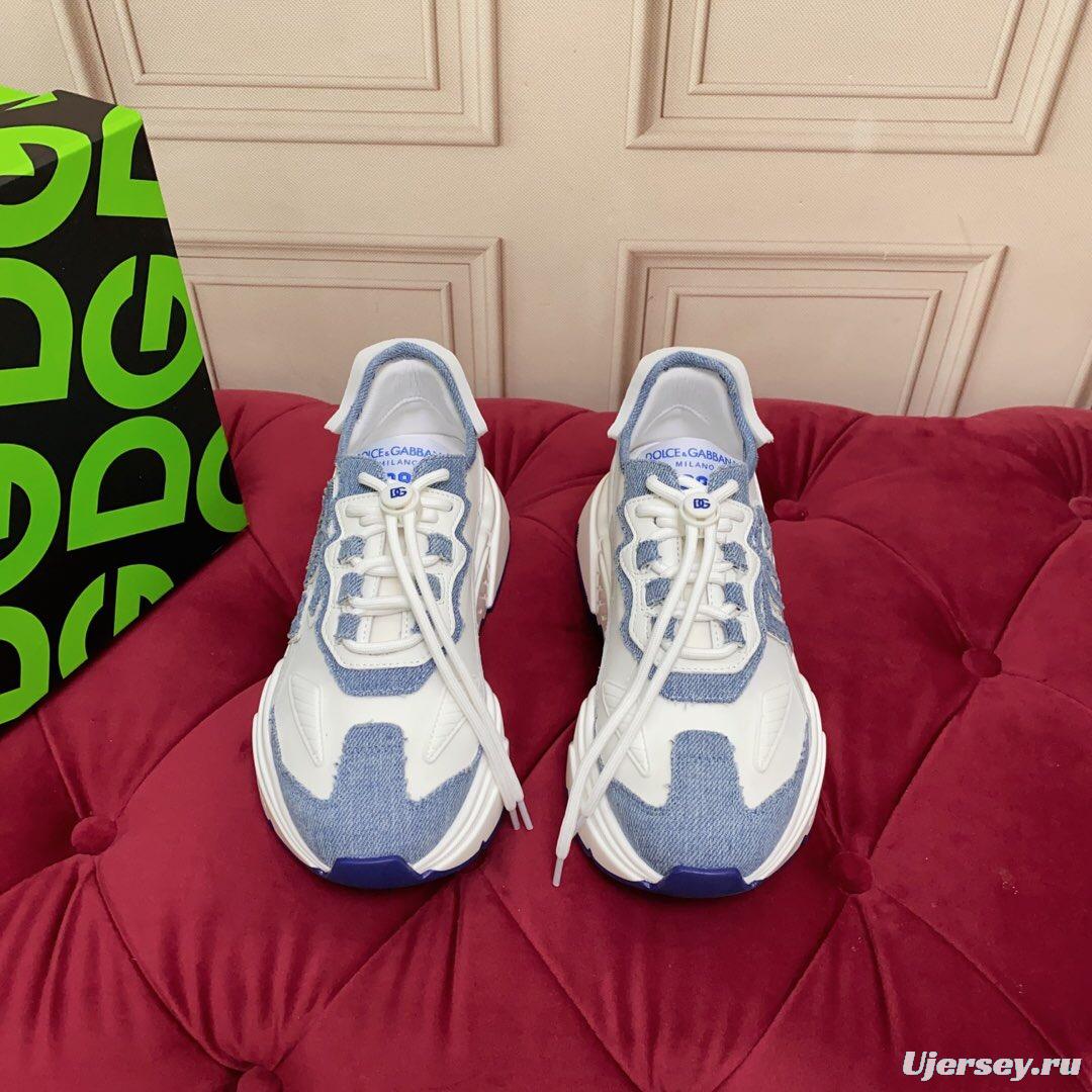 2025 Unisex Dolce & Gabbana White Blue Silk Leather Sneakers Exclusive Craft LY00330(F)/LY00340(M)