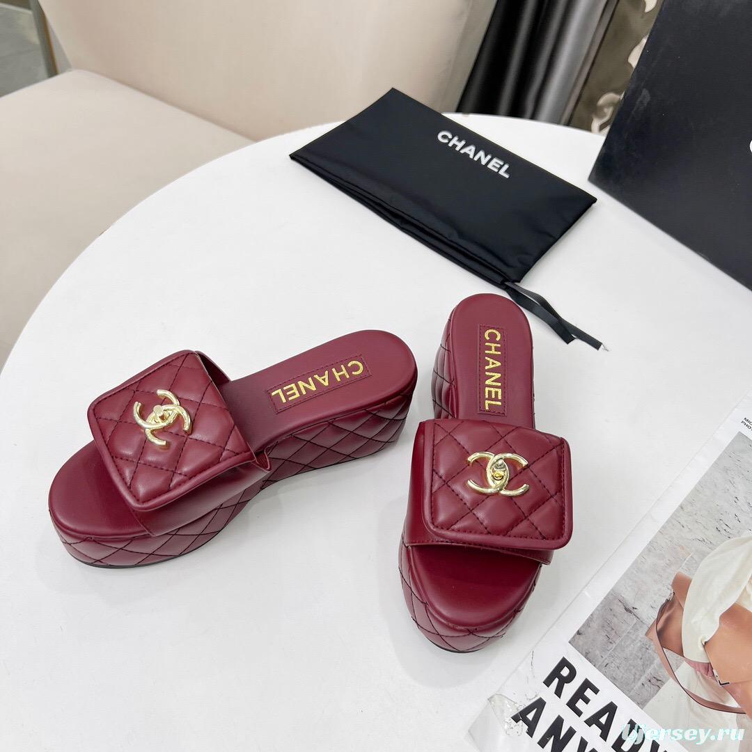 2025 Women Chanel Burgundy Leather Platform Sandals