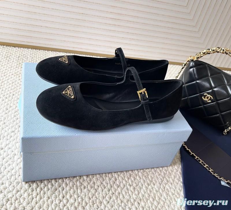 2025 Women Prada Black Suede Mary Jane Ballet Flat