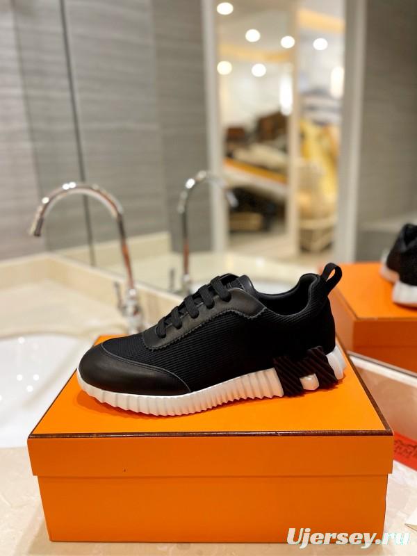 2024 Unisex Hermès Black Imported Glazed Calfskin Imported Rain Velvet Casual Sneakers MJ00320