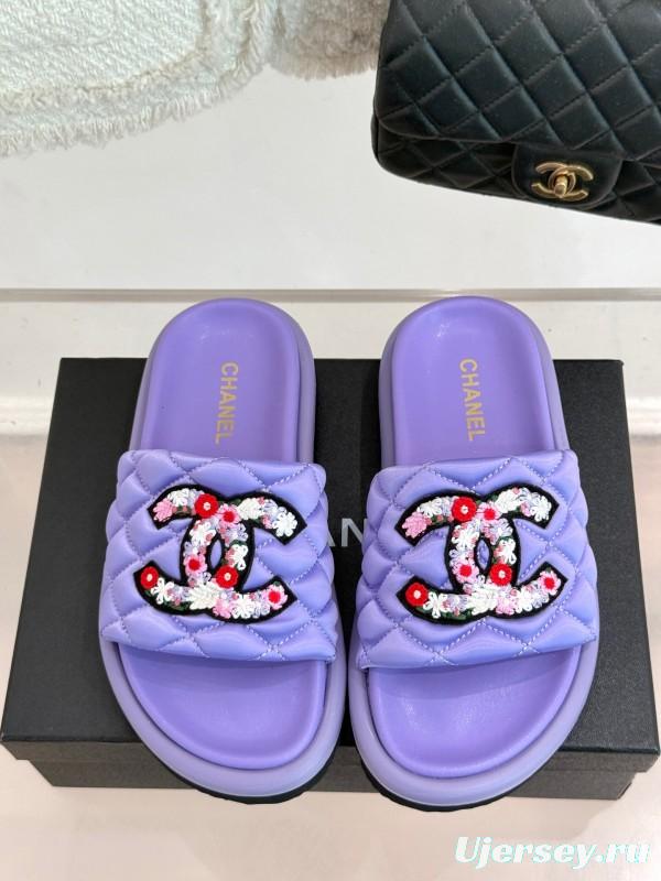 2025 Slippers Chanel Purple Quilt Embroidery