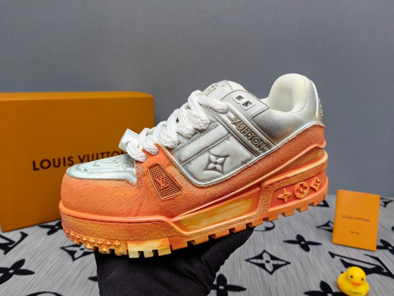 2025 Unisex Louis Vuitton Orange White Denim Leather Plimsolls Complex Wash KFY00510