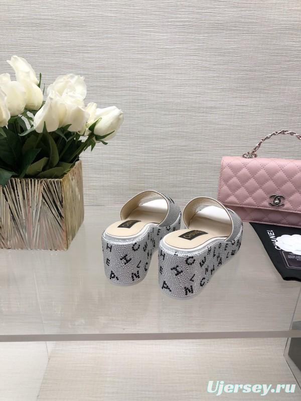 2025 Slippers Chanel White Rhinestone Platform Slide LY00330