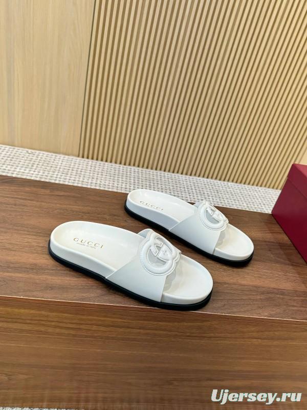 2025 Women Gucci White Leather Slippers GG Logo LY00230