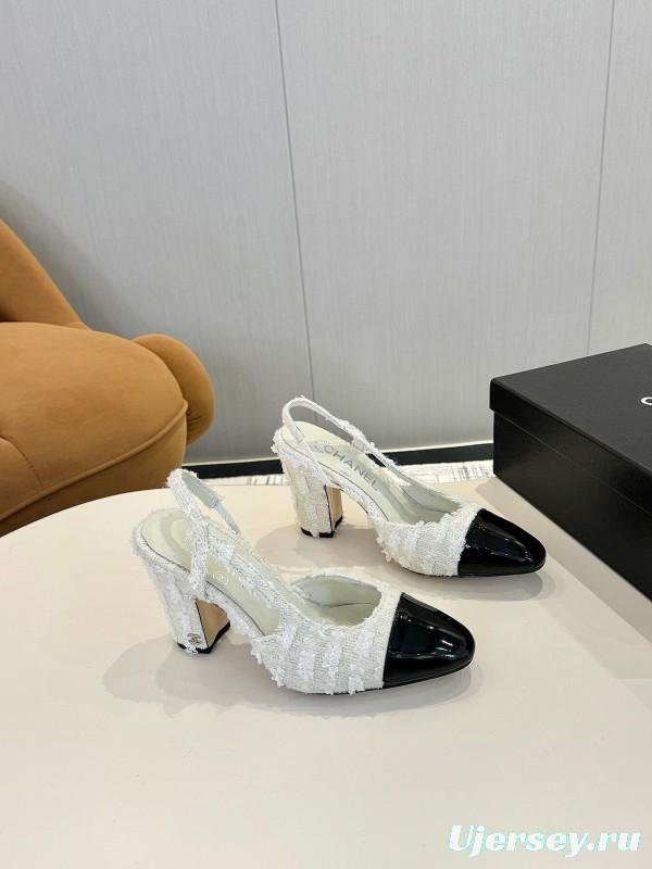 2025 Women Chanel White Black Leather Tweed Slingback Block Heel LY00270