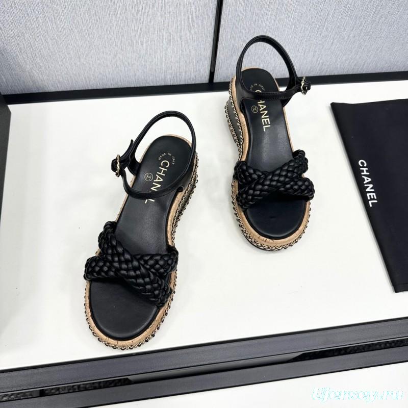 2025 Women Chanel Black Leather Braided Wedge Sandals