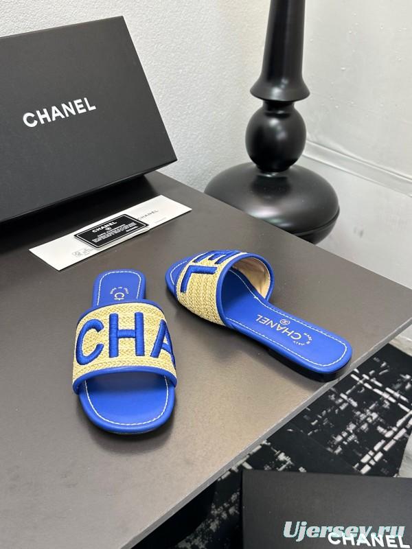 2025 Women CHANEL Blue Beige Canvas Slippers