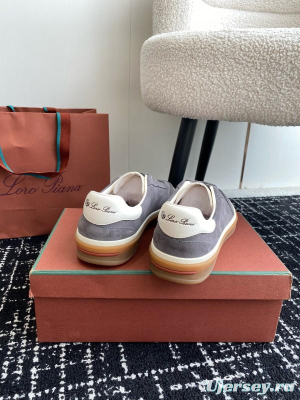 2024 Unisex Loro Piana Grey Suede Calf Leather Trainers MJ00320
