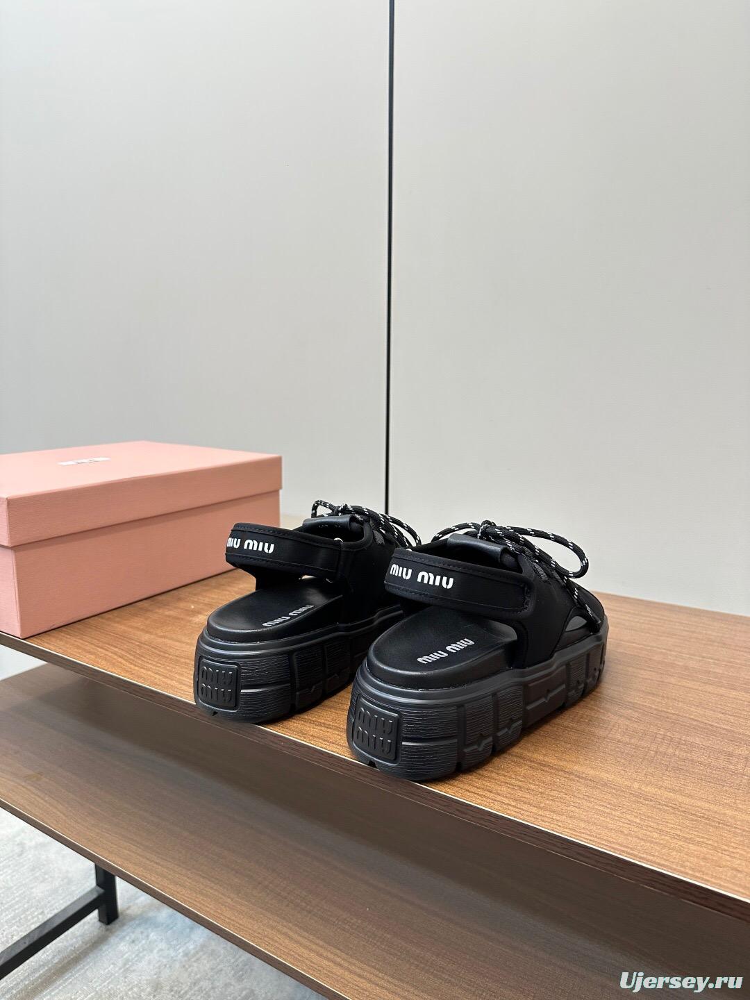 2025 Women Miu Miu Black Leather Sandals LY00240