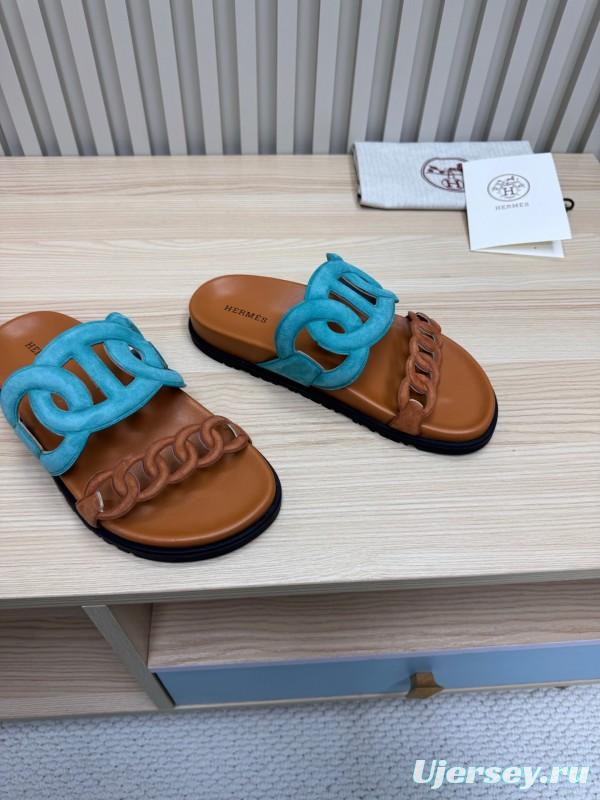 2025 Slippers Hermès Blue Brown Leather Slippers