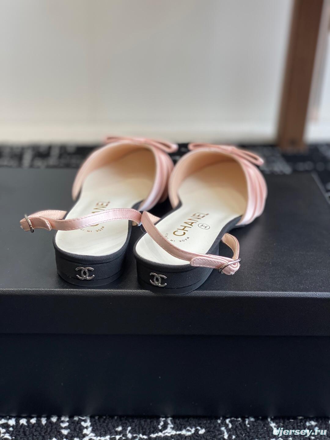 2025 Women Chanel Pink Black Silk Leather Sandals Satin Bow KFY00289