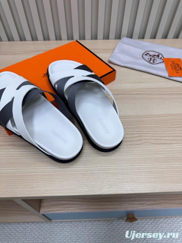 2025 Men Hermès White Black Leather Slippers