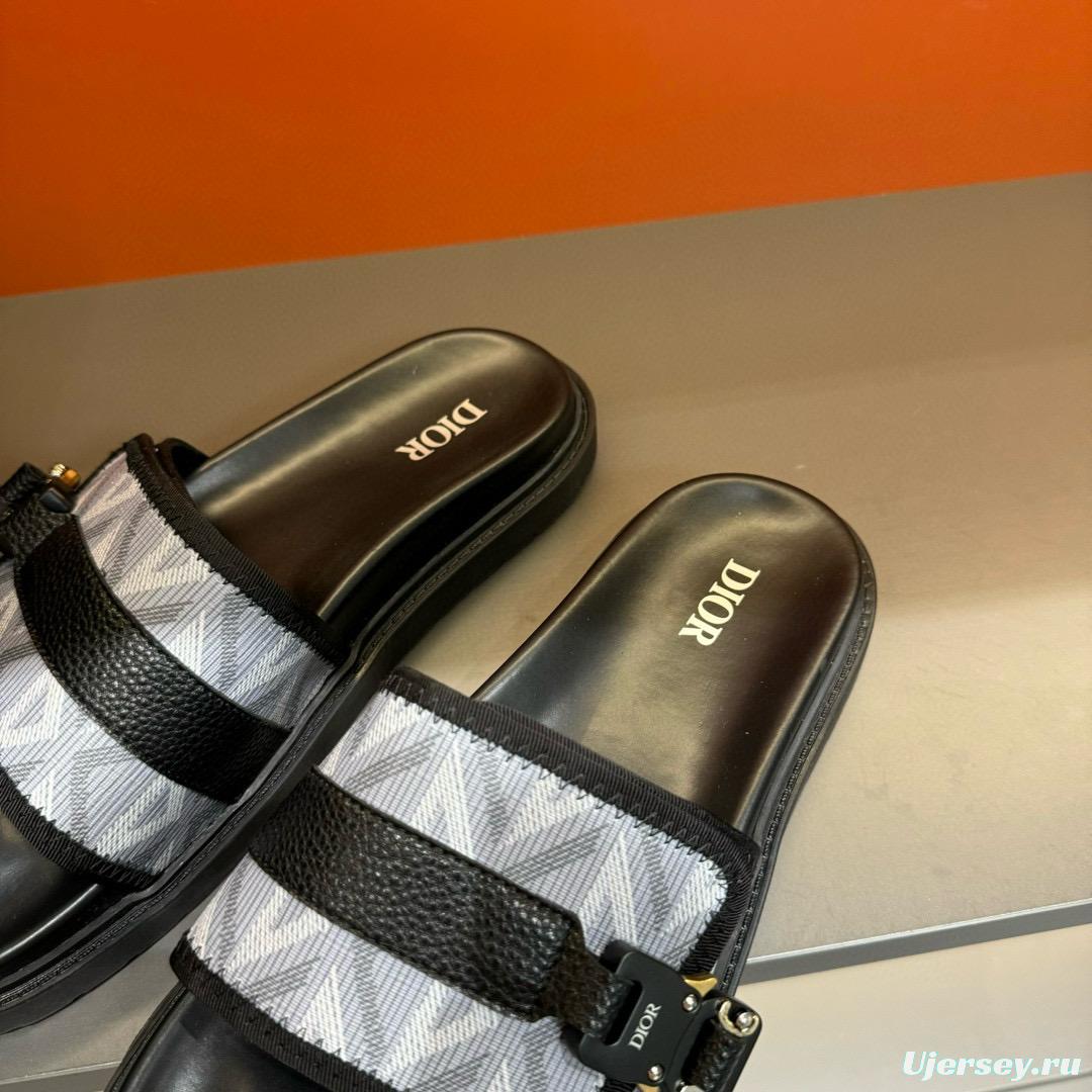 2024 Men Dior Black White Oblique Embroidered Leather Sandals H-Town MJ00190