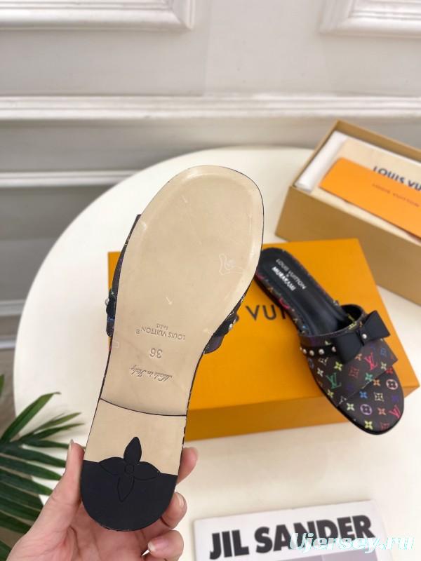 2025 Slippers Louis Vuitton Black Multicolor Monogram Leather Bow KFY00290