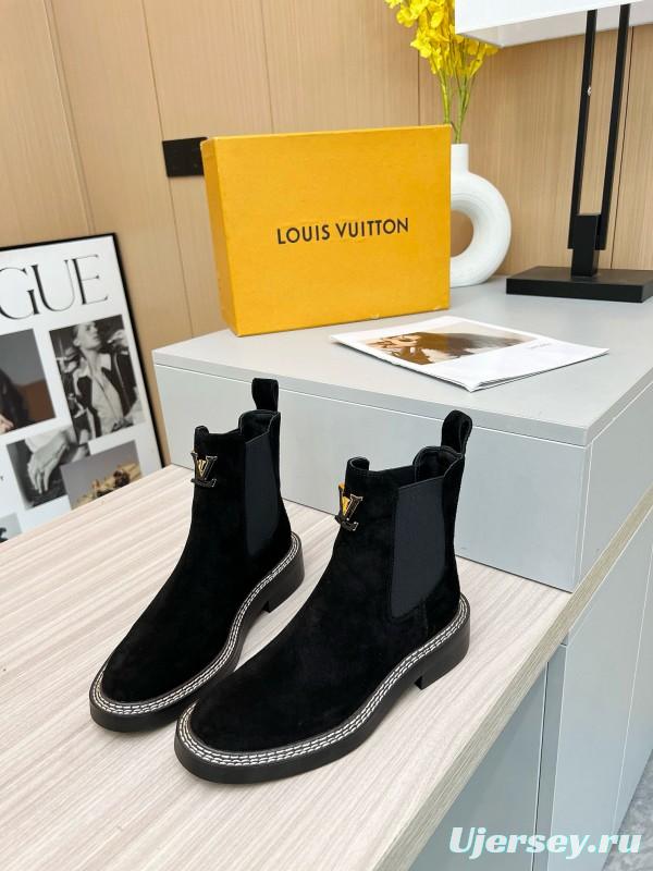 2024 Women Louis Vuitton Black Calf Suede Chelsea Boots MJ00340
