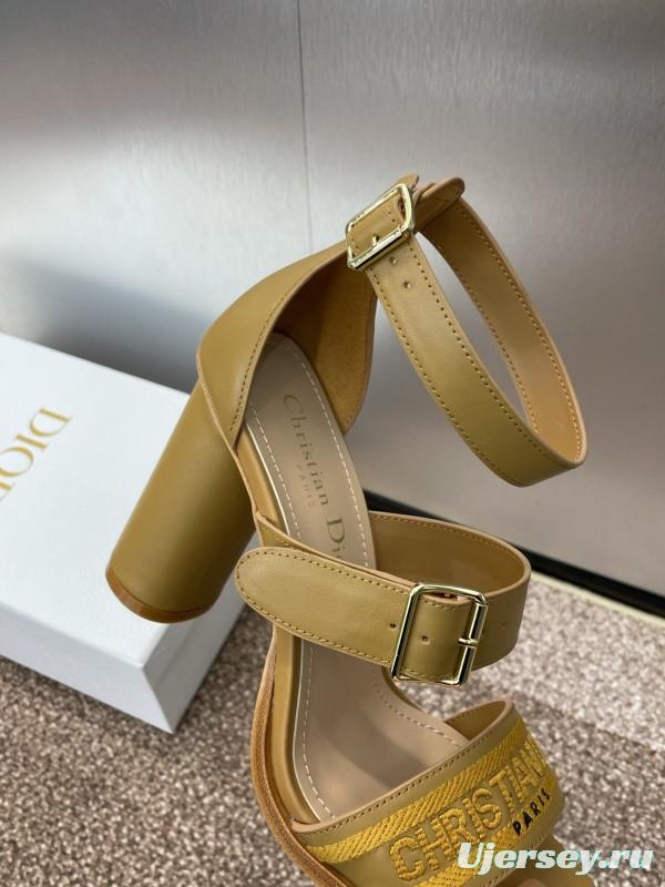 2025 Women Dior Yellow Leather Embroidered High Heel Sandals