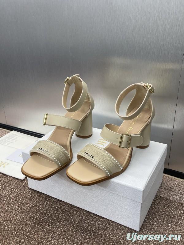 2025 Women Dior Beige Leather Sandals Ankle Strap KFY00320