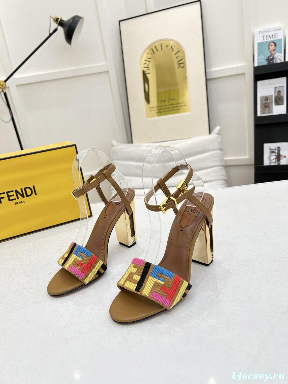 2025 Women Fendi Brown Multicolor Leather High Heel Sandals MJ00280